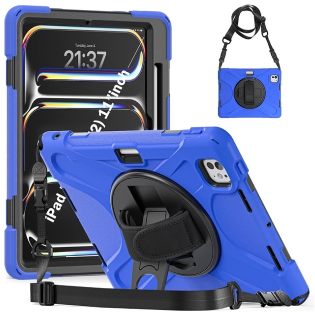 Funda para iPad Pro 11 2025 / 2024, Silicona Anti-caída + Capa Protectora de PC con Asa, Correa para el Hombro, Funda Protectora Resistente a Golpes y Tres Pruebas para Tablet, Azul