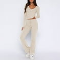 thumbnail image 2 of BLOCLOALO 2 Piece Lounge Set Long Sleeve Tops Women's 2 Piece Sets Straight Leg Pants Set Long Sleeve Crop T Shirt Casual Outfits Comfy V Neck Blouses Yoga Suits Soft Lounge Sets for Women Beige L, 2 of 6