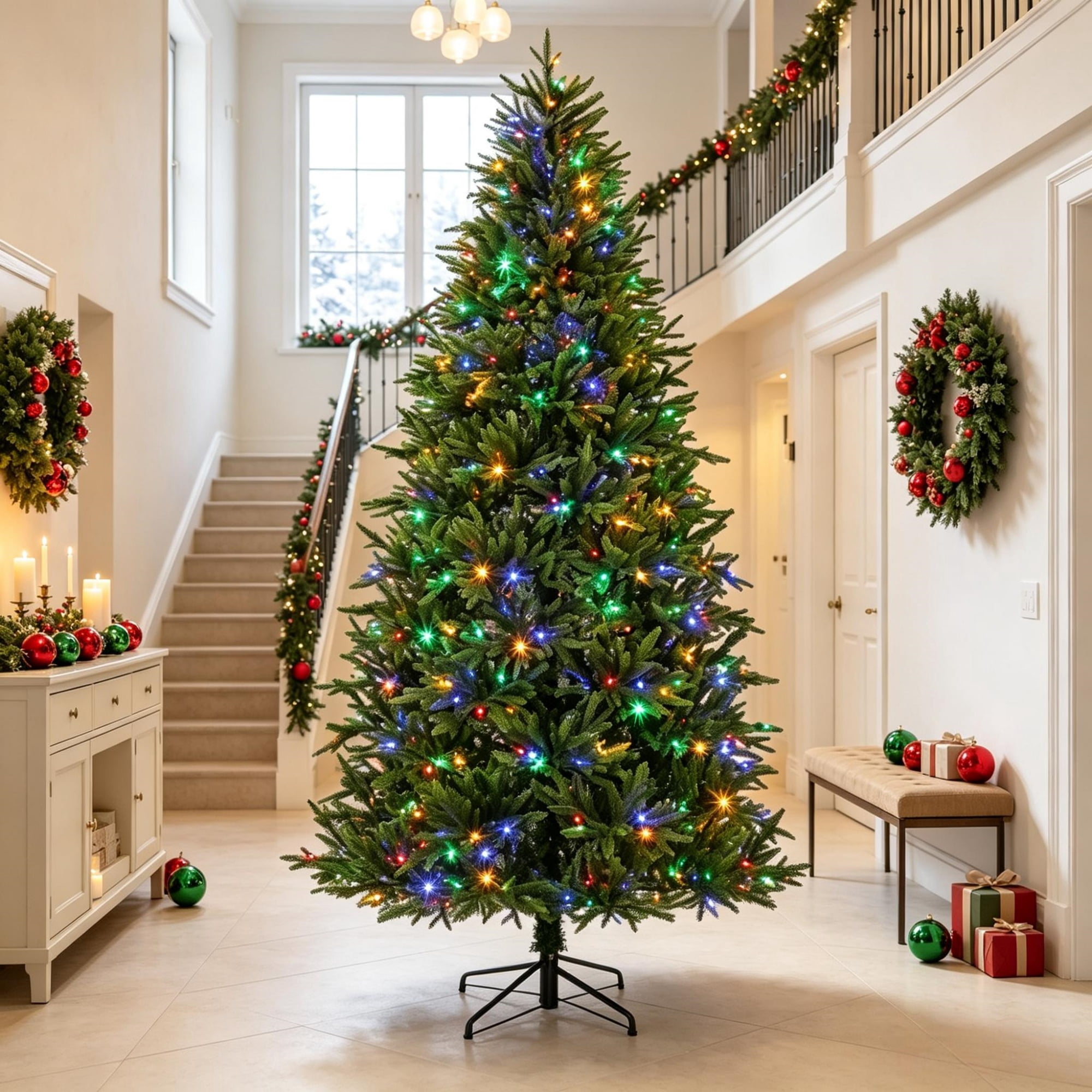6 ft Pre-Lit Christmas Tree with 320 LED Lights, 11 Lighting Modes, Remote Control, 732 PE Tips, Hinged Assembly, Metal Stand