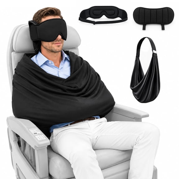 Travel Pillow with Eye Mask, 3-in-1 Airplane Sleep Support Travel Essentials, Neck Pillow Airplane, Portable Sleep System with Head Strap, Sleeper Hold for Flight Car Train