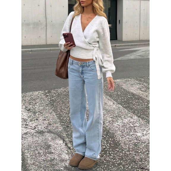 Women's Wrap Tie Sweater, Light Gray Knit Top
