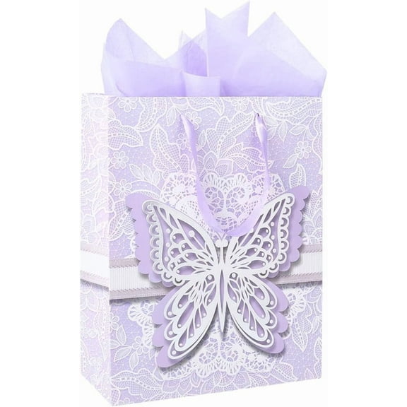1Pc Butterfly Printed Paper Gift Bags with Ribbon Handles Shopping Bags Rectangle wtih 2Pcs Wrapping Paper Lilac 25x11.2x32cm