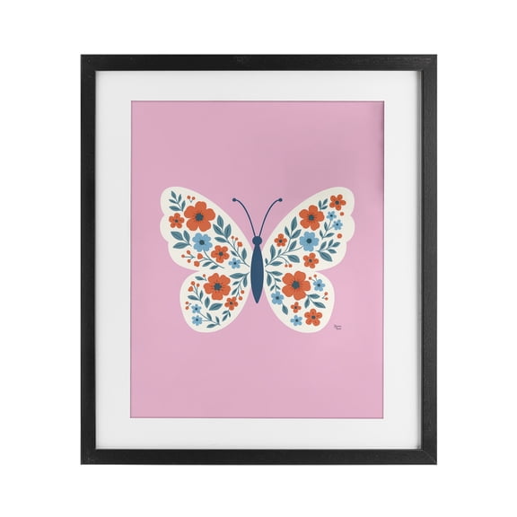 Boho Pink Floral Butterfly Black Framed Print Under Glass, design by Jessica Beck