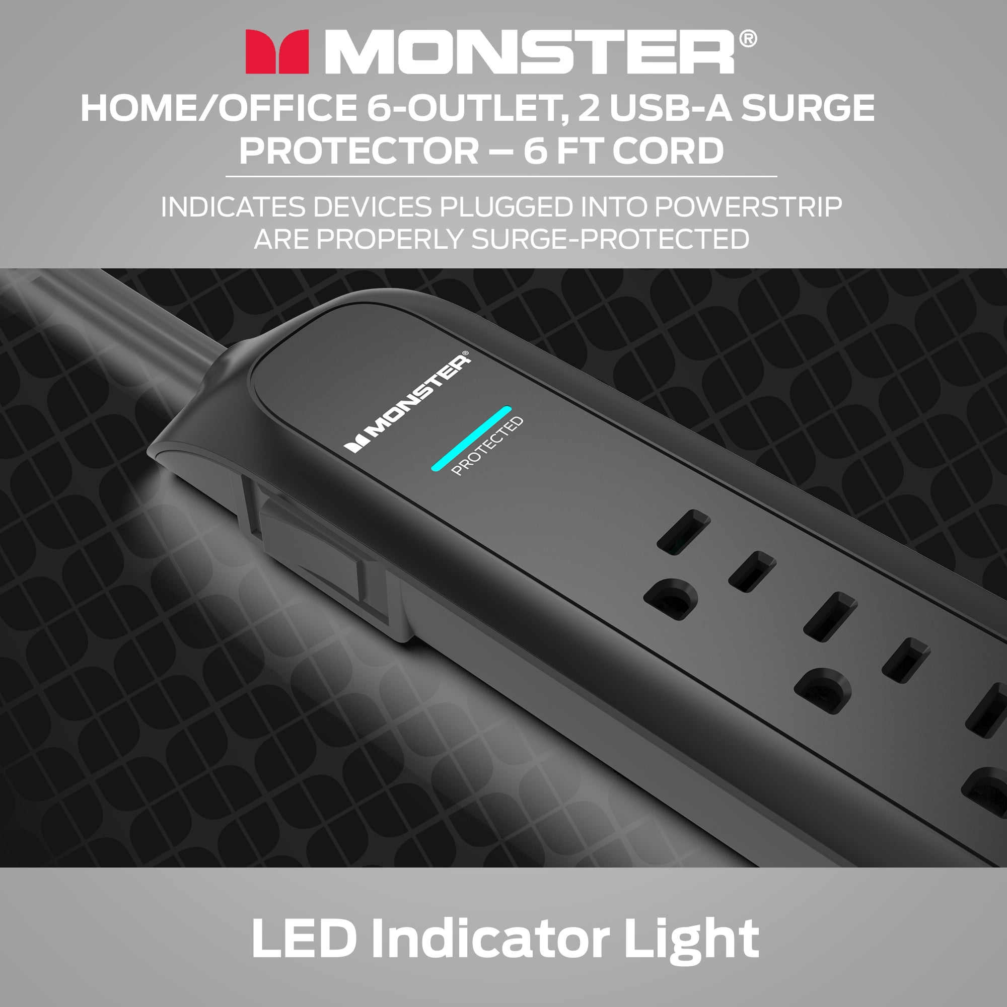 Monster 6ft Black Power Strip and Tower Surge Protector, Heavy Duty Protection for with 1200 Joule Rating, 6 120V-Outlets, and 2 USB-A Ports- Ideal for Computers, Home Theatre, Home Appliances,