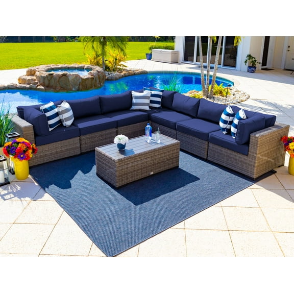 Tuscany 8-Piece Resin Wicker Outdoor Patio Furniture Sectional Sofa Set with Seven Modular Sectional Seats and Coffee Table (Half-Round Gray Wicker, Sunbrella Canvas Navy)