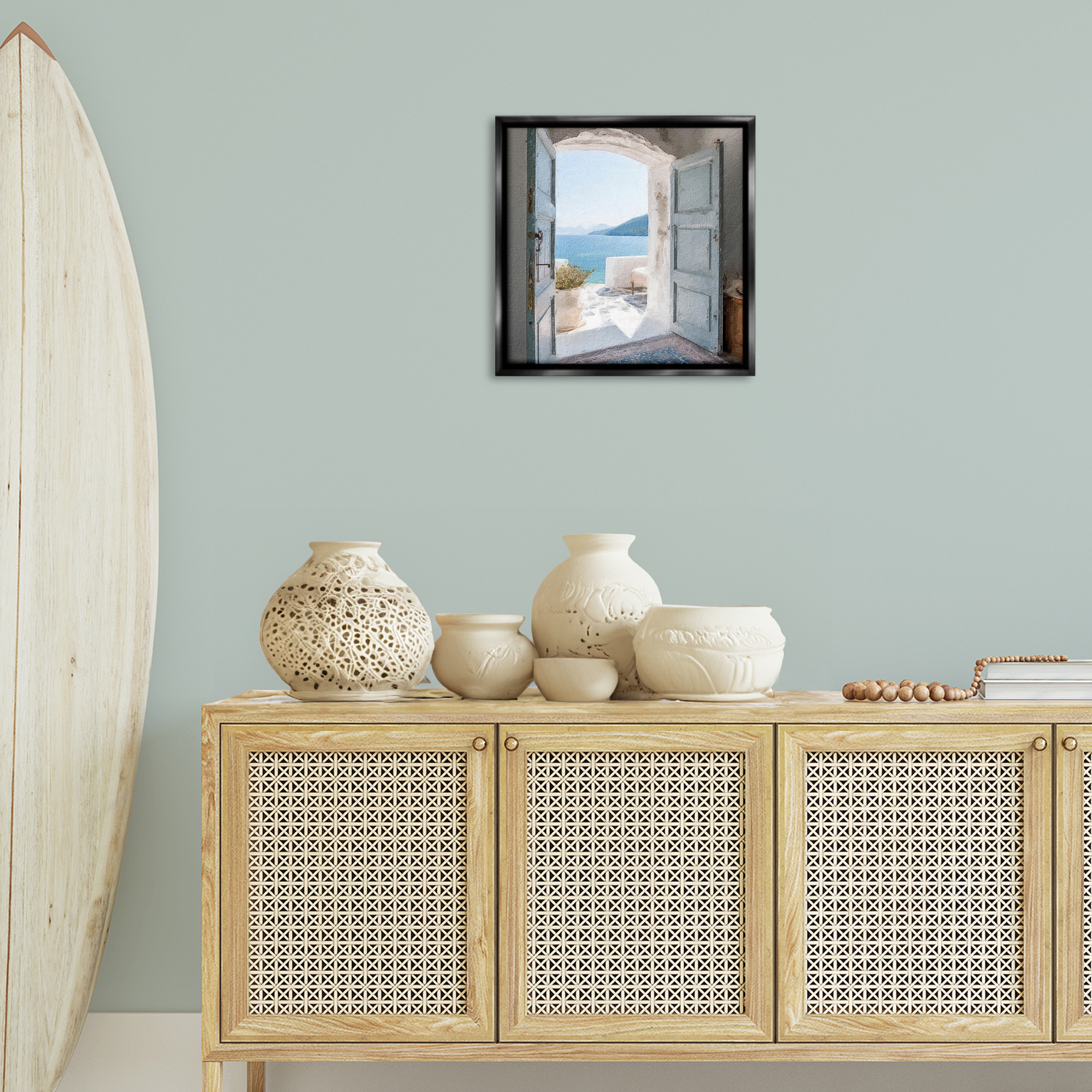 Stupell Industries Costal Door to Ocean Town & City Painting Black Floater Framed Canvas Art Print Wall Art, 18 x 18