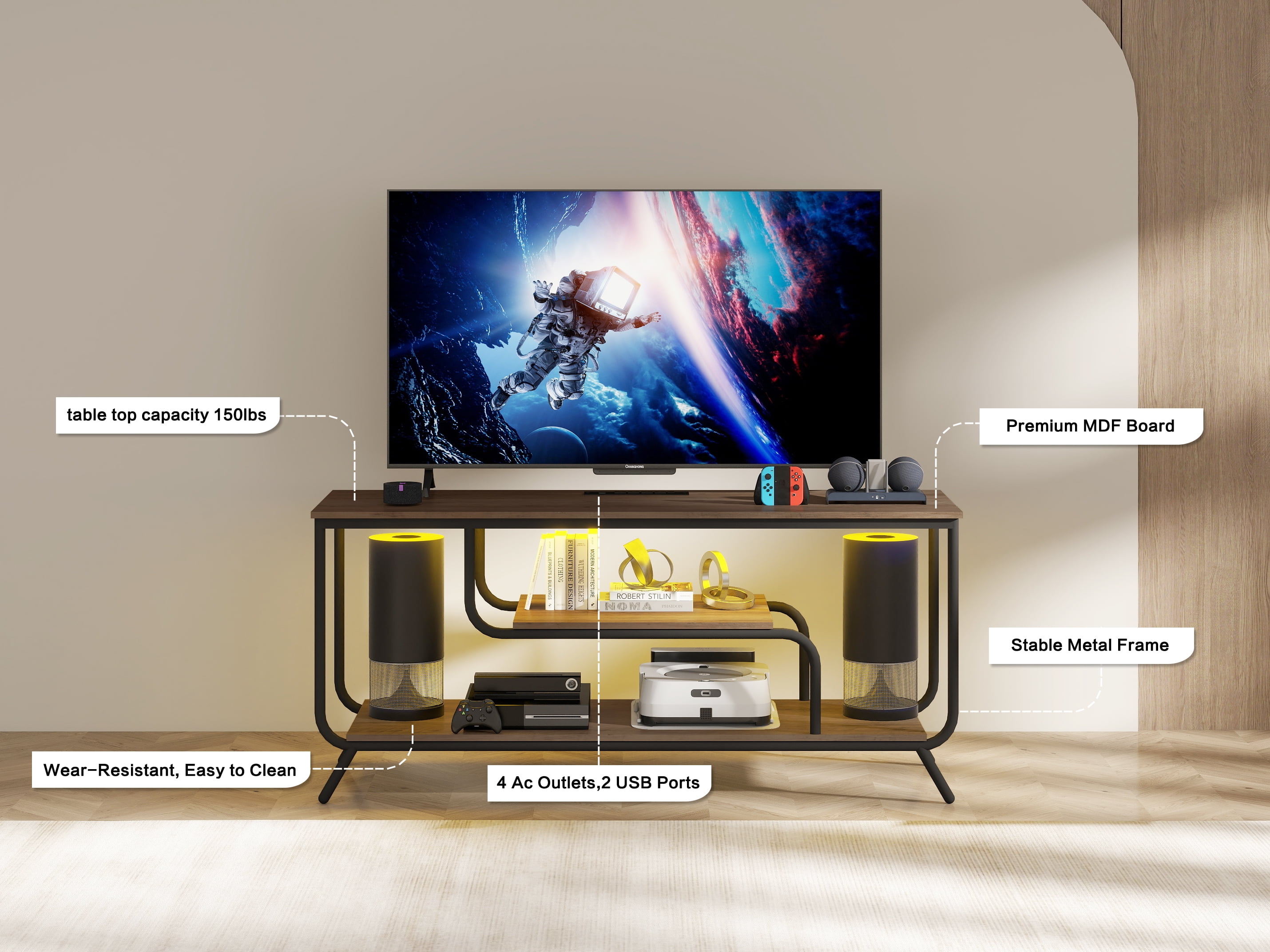TV Stand, Media Console, Entertainment Center With Power Outlets USB Ports LED Light Strips For Living Room Bedroom TV Up To 55 Inch, Light Gray Modern Stand