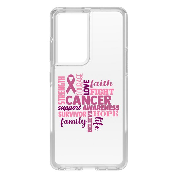 DistinctInk Clear Shockproof Hybrid Case for Galaxy S21 ULTRA 5G (6.8" Screen) - TPU Bumper Acrylic Back Tempered Glass Screen Protector - Pink Ribbon Cancer - Word Art