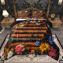 Manfei Kids Vintage Books Queen Comforter Set, Bohemian Rose Flower Bedding Sets, Western Mid Century Reversible Bedding Comforter Set, Lightweight Room Decor, 3pcs