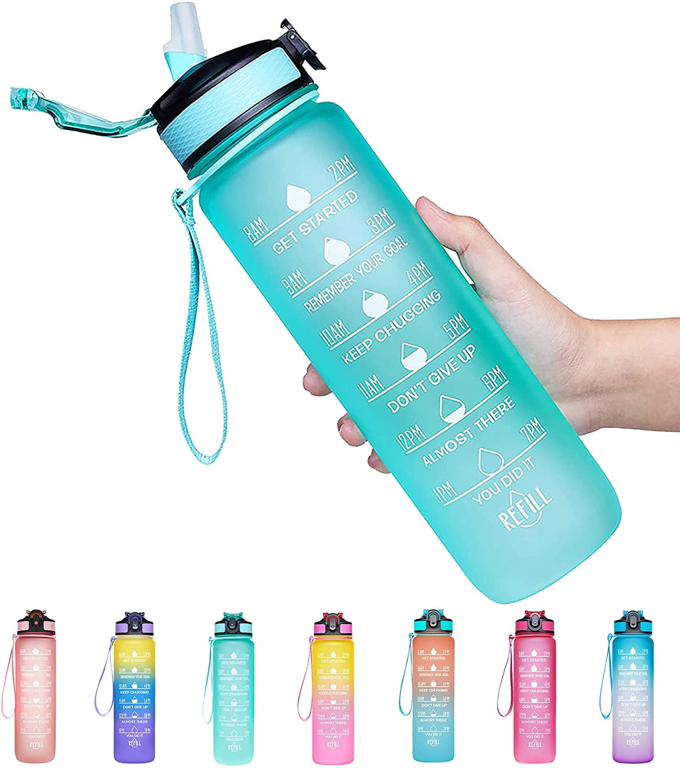 Bpa Free  Leakproof Details about   32 Oz Motivational Water Bottle With Time Marker  Straw 