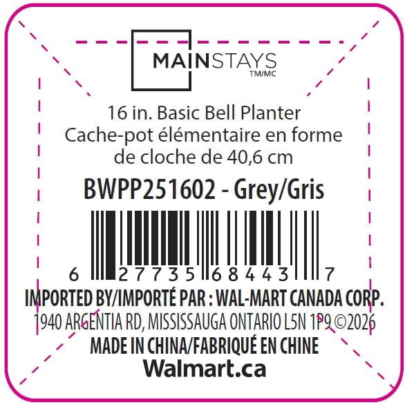 Mainstays Basic Bell Planter 12 inch Grey, Classic Design with Attached Tray Durable Weather Resistant Matte Finish