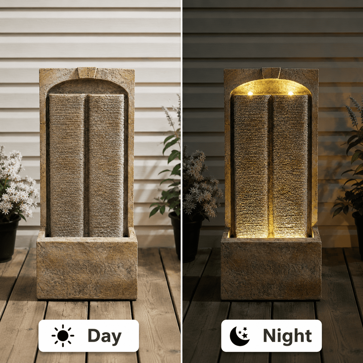 Aukfa 39" Outdoor Water Fountain with LED Lights, Slate Style Resin Water Wall Feature for Patio Garden Backyard,Brown