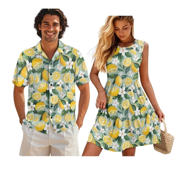 KUIFORTI His and Hers Matching Outfits Lemon Flower Summer Tropical Matching Outfits for Couples Breathable Loose Swing Sundresses 4-Way Stretch Suitable for Casual Wear