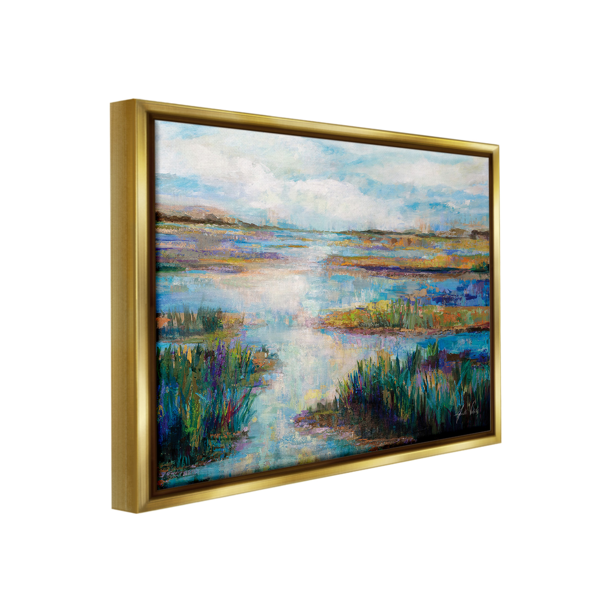 Stupell Industries Modern River Scenery Landscape Painting Gold Floater Framed Canvas Art Print Wall Art, 21 x 17