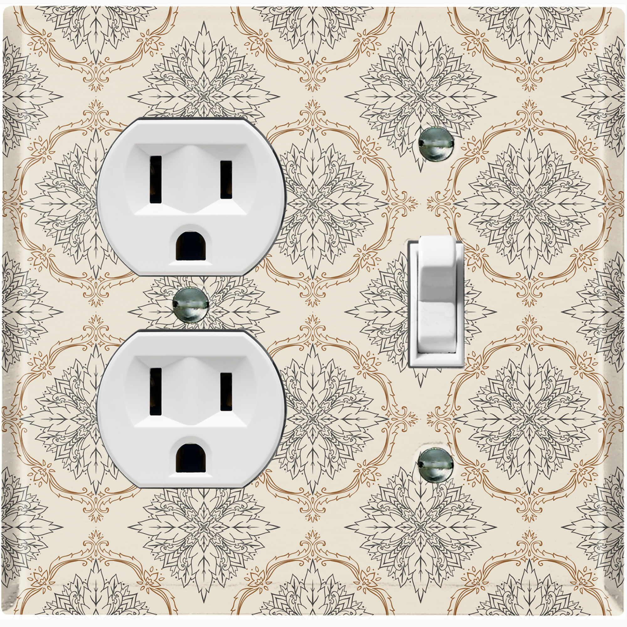 Metal Light Switch Plate Outlet Cover (Damask Ornament Tan Pattern