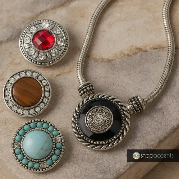 Snap Jewelry Set - 4 Snap Charms, 1 Silver 9 in. Bracelet Necklace, Fits 18MM 20MM Ginger Charm Buttons