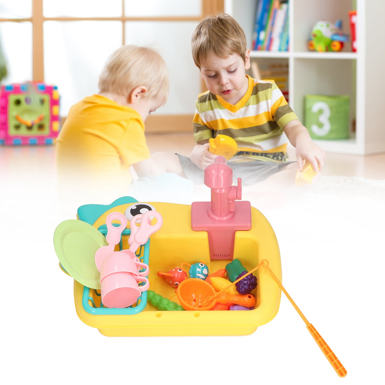 Play Kitchen Sink Toys, Pretend Circulation System 2 in 1 Running Water Fishing Game Dishwasher Playing Toys Set Role Play  for Party for Children Yellow