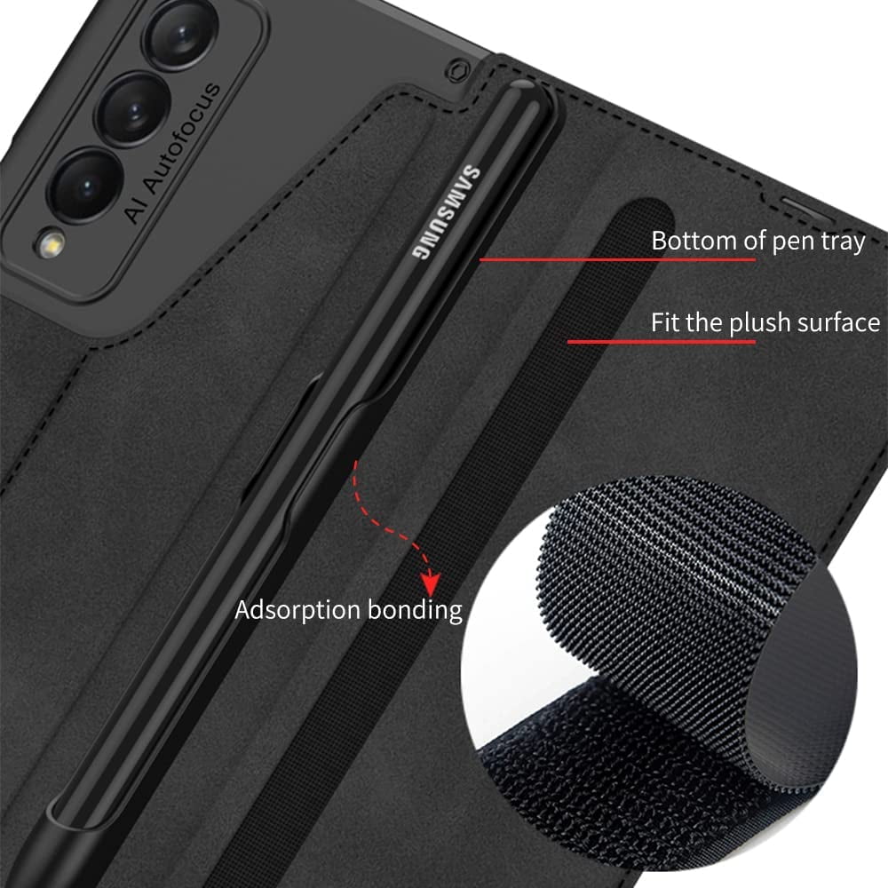 for Samsung Galaxy Z Fold 3 Case, Flip Wallet Card Slots, Removable S-Pen Holder Bracket Slot Stand Retro PU Leather Z Fold 3 Phone Case,Durable for Galaxy Z Fold 3 5G Case (Black,Samsung Z Fold3)