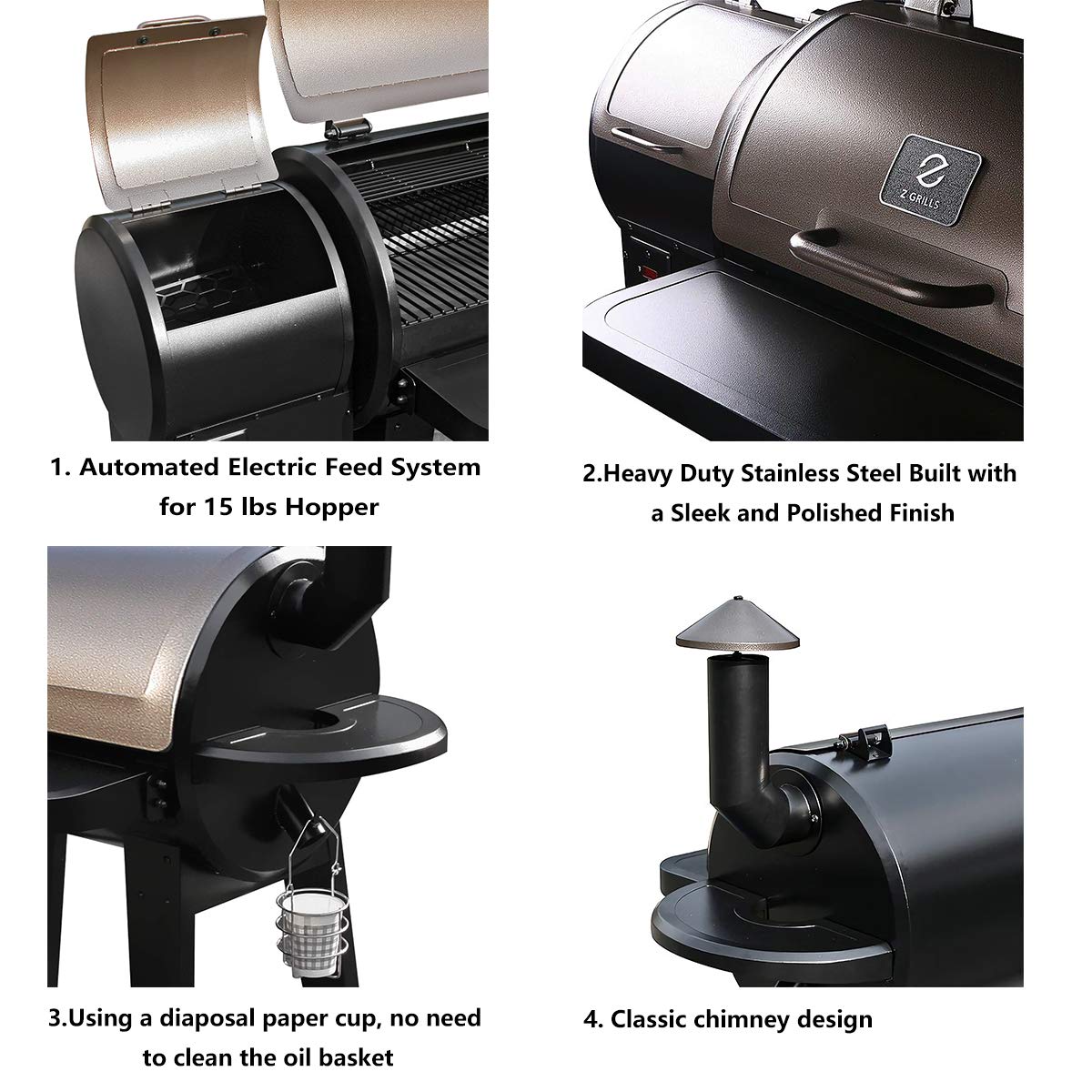 Z Grills ZPG-450A Upgrade Model Wood Pellet Grill & Smoker, 8 in 1 BBQ Grill Auto Temperature Control, 450 sq Inch Deal, Bronze & Black Cover Included - image 4 of 11