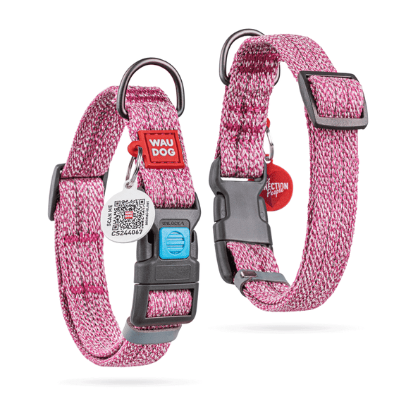 Reflective Cotton Dog Collar Eco-Friendly Alt to Nylon Collar for Small Medium and Large Dogs | Pet Collar with QR Tag - Puppy Collar for Large Breed Dogs - Adjustable Male Female Dog Collar - Pink