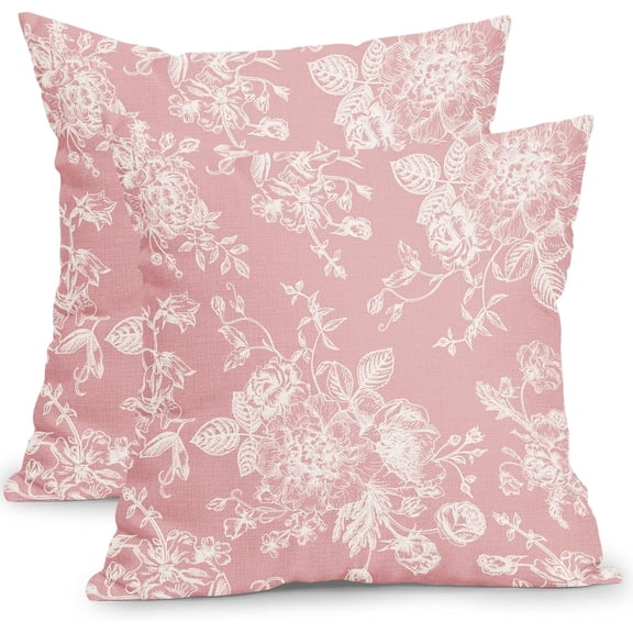 Vintage Floral Pillow Covers 16x16 Inch Set of 2 Pink Floral Outdoor Decorative Throw Pillows Chinoiserie Flower Pillowcases Rustic Farmhouse Cushion Covers for Couch Home Decor