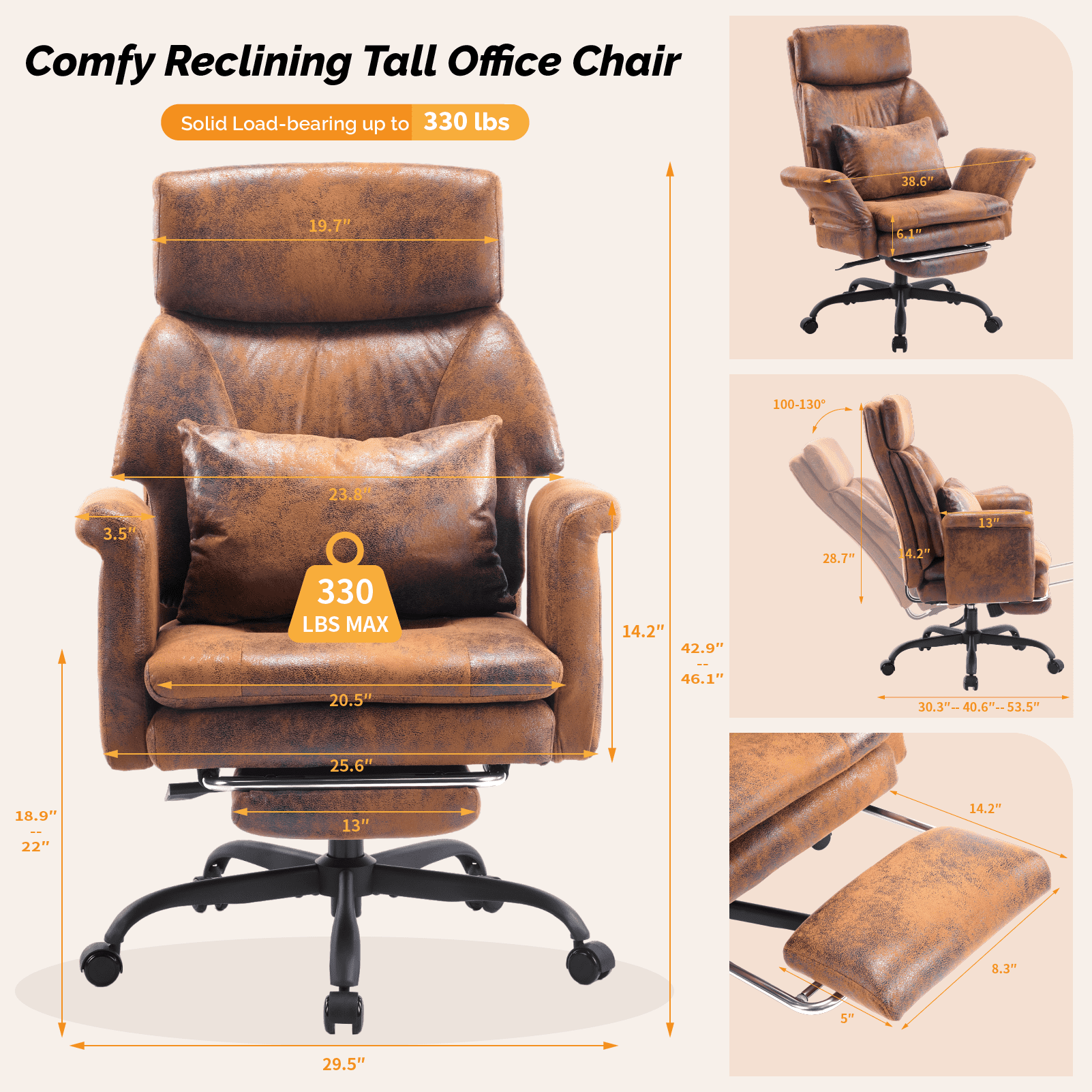 Ktaxon Gaming Chair with Footrest, High Back Bronzing Cloth Office Chair, Adjustable Reclining Desk Chair with Lumbar Support, Swivel Task Seating for Adults Brown