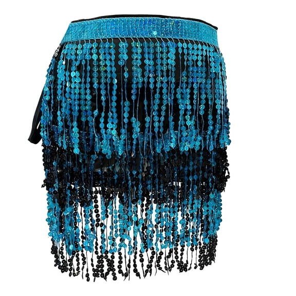 FAWUUDO Womens Belly Dance Hip Scarf with Sparkly Fringe Rave Party Sequin Skirt Costume Festival Tassel Skirt