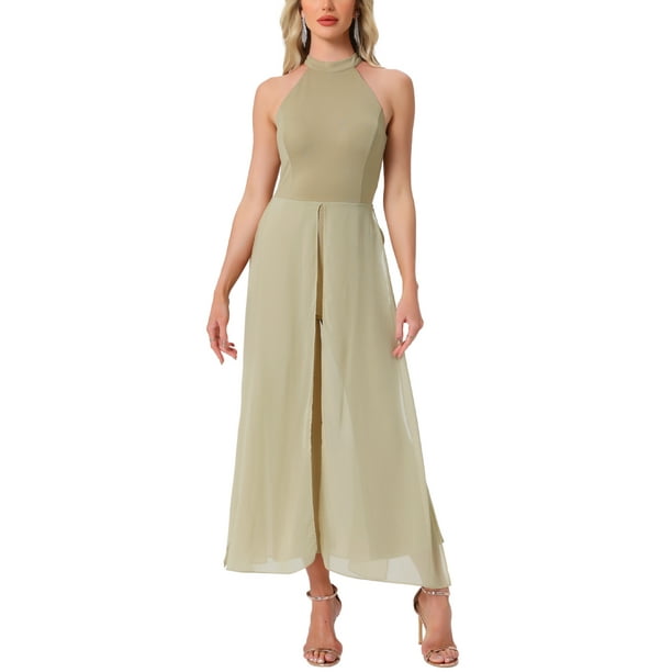 MONO ELEGANTE PARA MUJER con cuello halter, sin mangas, elegante, formal, de pierna ancha, talla L, caqui