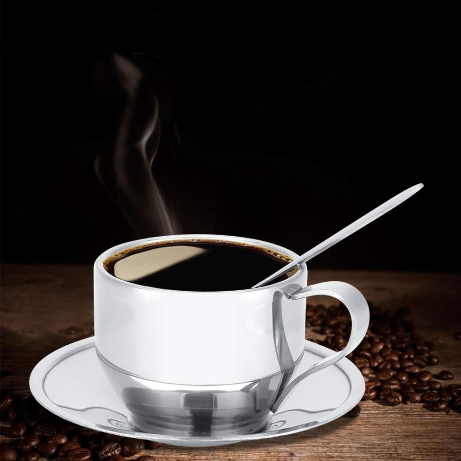 Jorunhe 125 mL/4.2 oz Silver Stainless Steel Double Walled Espresso Cup & Saucer Sets Set of 4
