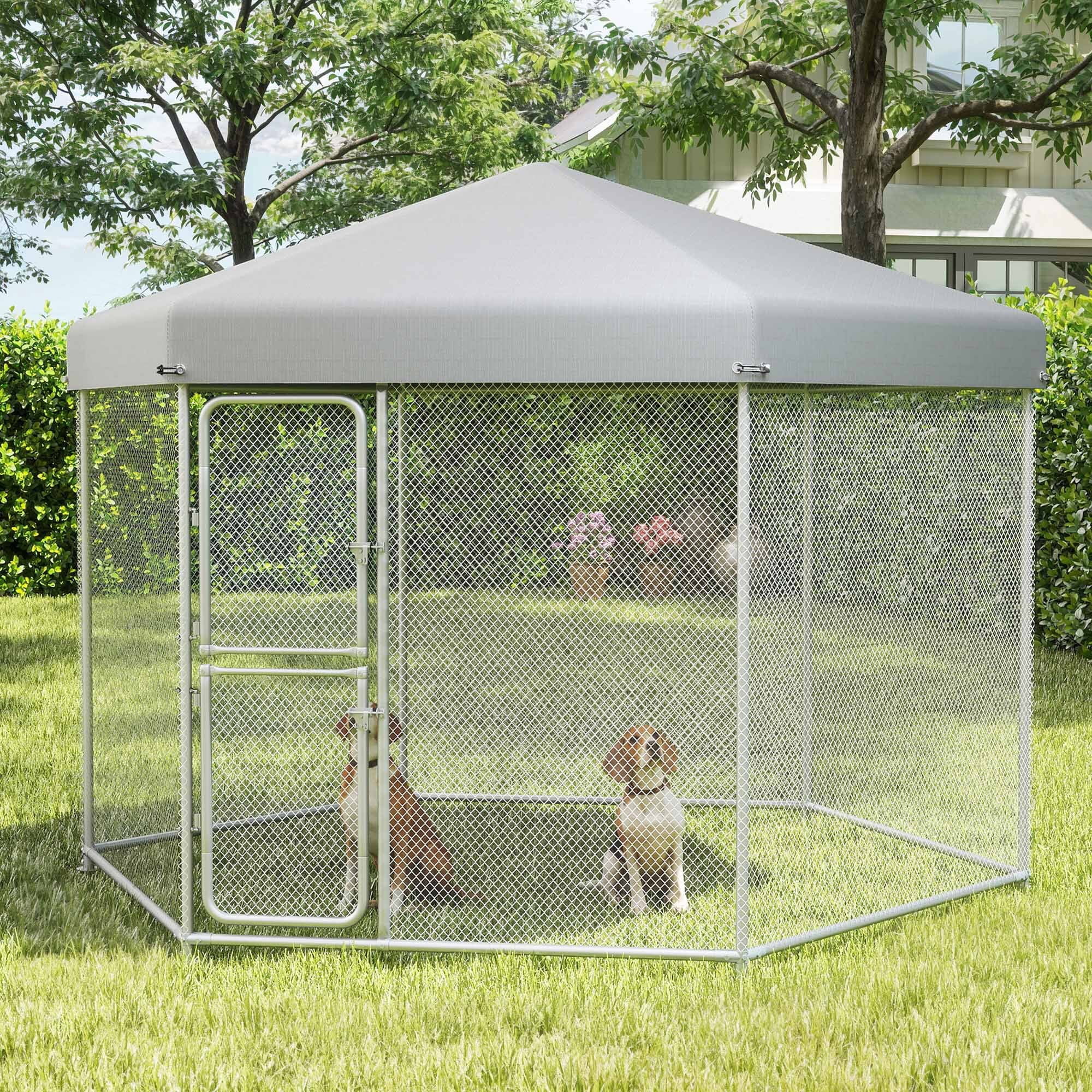 ModFusion 9.8×8.2 ft Large Outdoor Dog Kennel, Heavy Duty Galvanized Steel with Waterproof Cover, Sliver