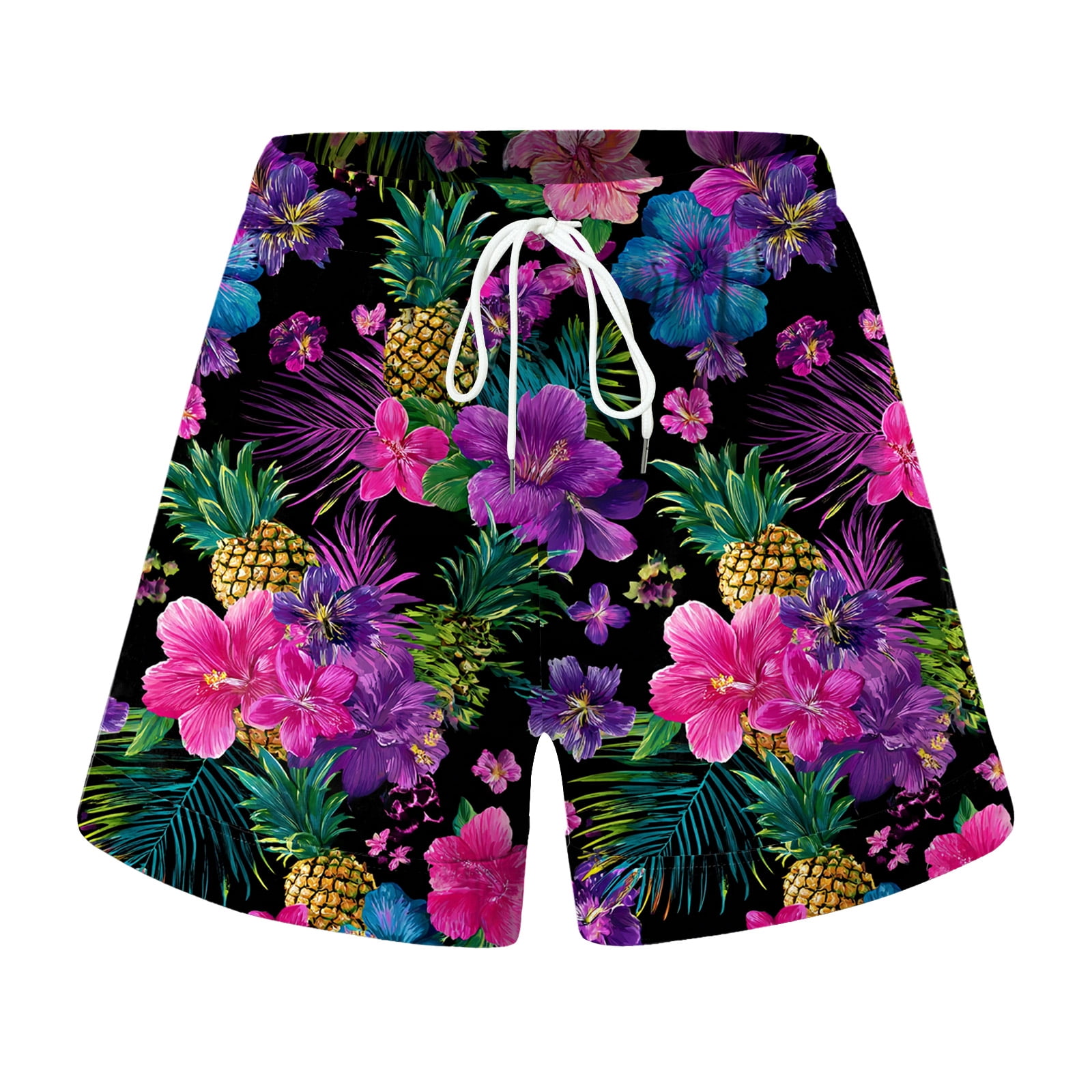 COMVALUE Women Drawstring Board Shorts Floral Beach Swim Shorts Summer Swim Trunks with Pockets (Black, L)