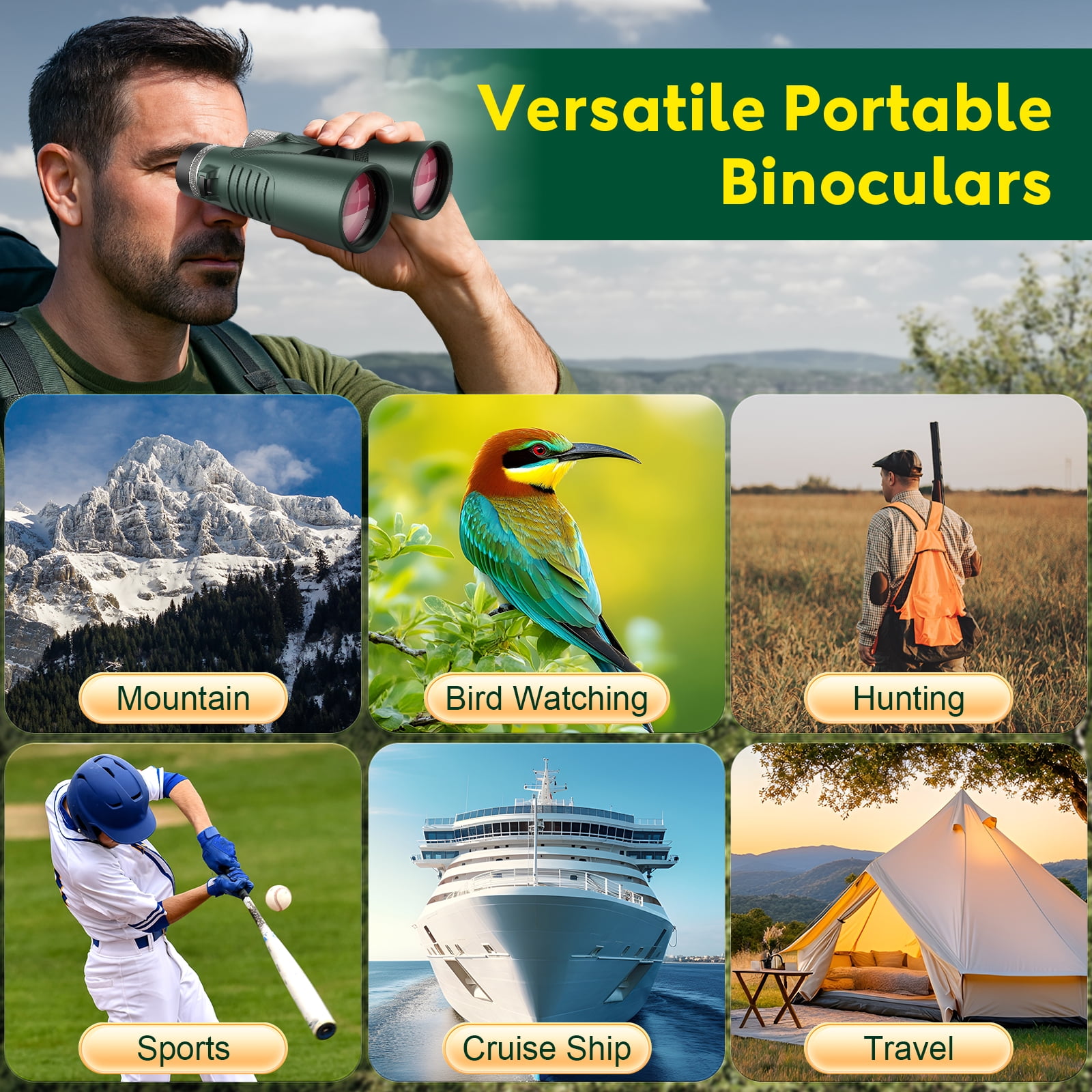 QUNSE 10x42 Compact HD Binoculars for Adults with Phone Adapter, Waterproof Binoculars with Fully Multi Coated Lens, High Powered for Bird Watching, Hunting, and Outdoor Sports (Green)