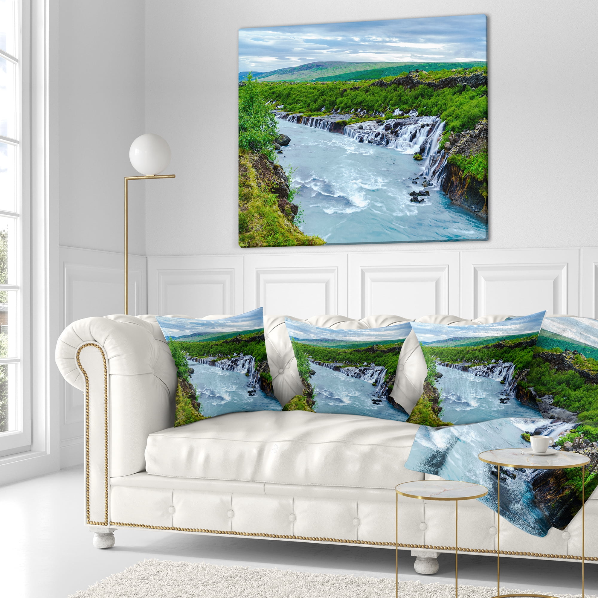 Designart Hraunfossar Waterfall Iceland - Modern Landscape Printed Throw Pillow - 16x16