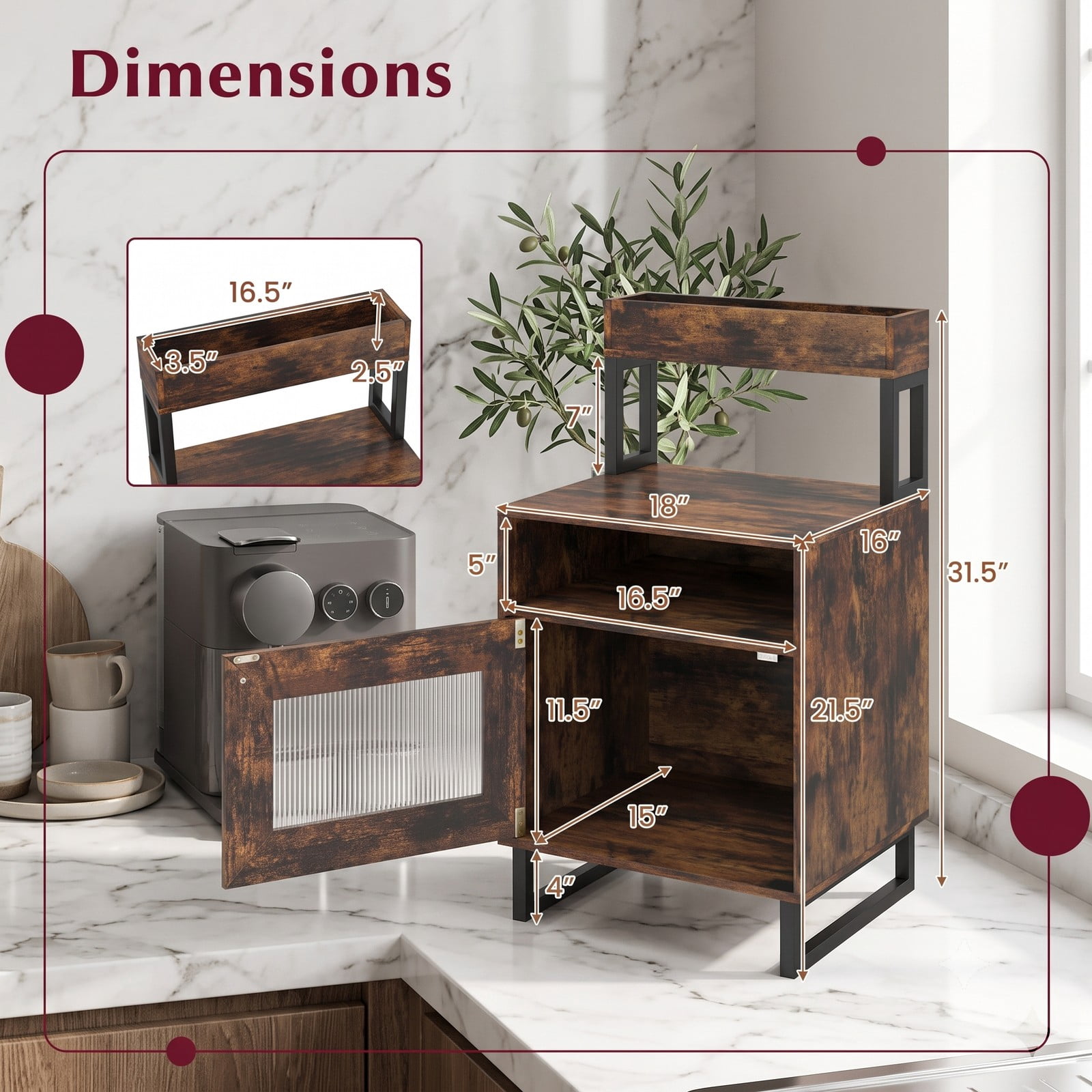 Furnibear Nightstand with LED Lights and Fluted Glass Cabinet Door plus Open Compartment and Raised Shelf for Bedroom, Rustic Brown