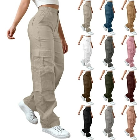 Women s High Waisted Cargo Pants Baggy Stretchy Wide Leg Streetwear Hiking 6 Pocket