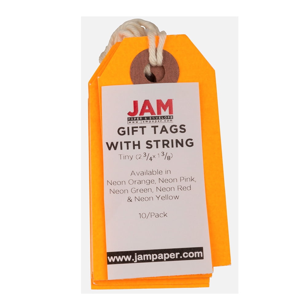 JAM Tiny Neon Orange Paper Gift Tags, with String 10" x 4.75" x 2" (10 Count)