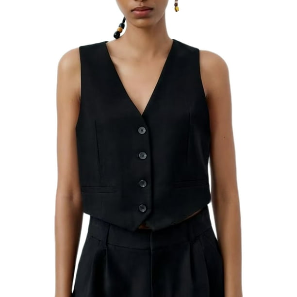 Chaleco Chaleco básico con cuello en V de un solo pecho para mujer, traje de trabajo de oficina simple de color sólido Ygjytge Negro T M para Mujer