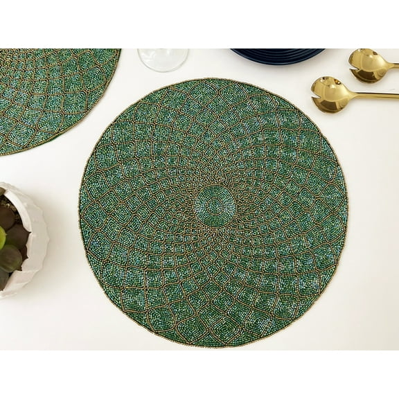 Set of 6, Luxury Handmade beaded placemat, small bead tablemat, 14 inch, green charger plate, gift for herÂ 