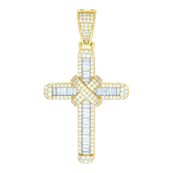 925 Sterling Silver Yellow-tone Mens Baguette Round Cubic-Zirconia Cross Religious Charm Pendant