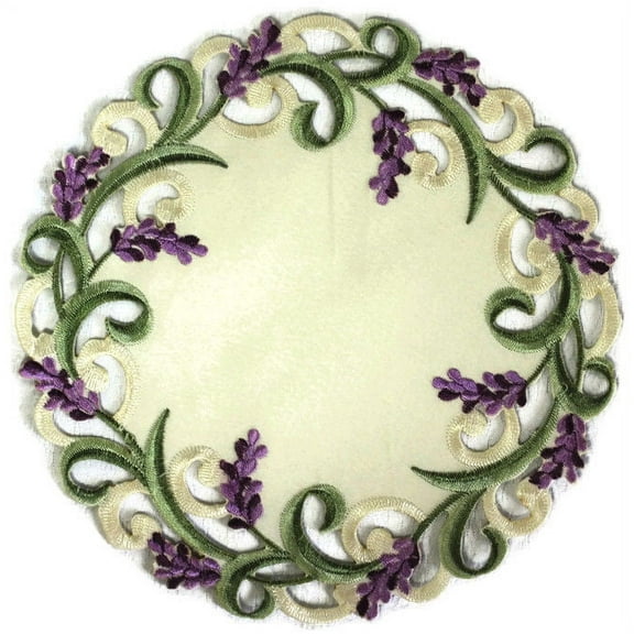 Doily Boutique Place Mat or Doily with Purple Lavender Lilac Flowers on Antique White Fabric Size 15 inches