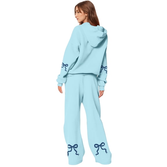 CIENVNSTG Women's 2 Piece Outfits Bow Trim Print Hoodie Sweatsuit Sets Oversized Sweatshirt Wide Leg Sweatpants Light Blue 3XL