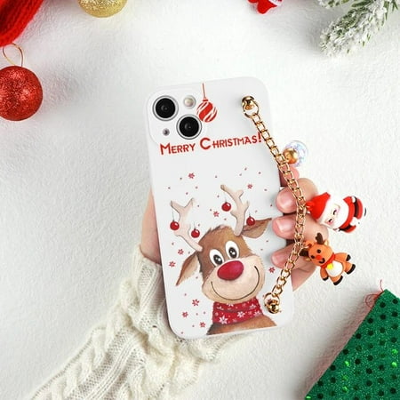 Christmas Elements Case For iPhone 7 8 SE 2020 2022 15 14 13 Mini 12 11 Pro Max X XR XS Plus Wrist Strap Chain Cartoon Deer Capa