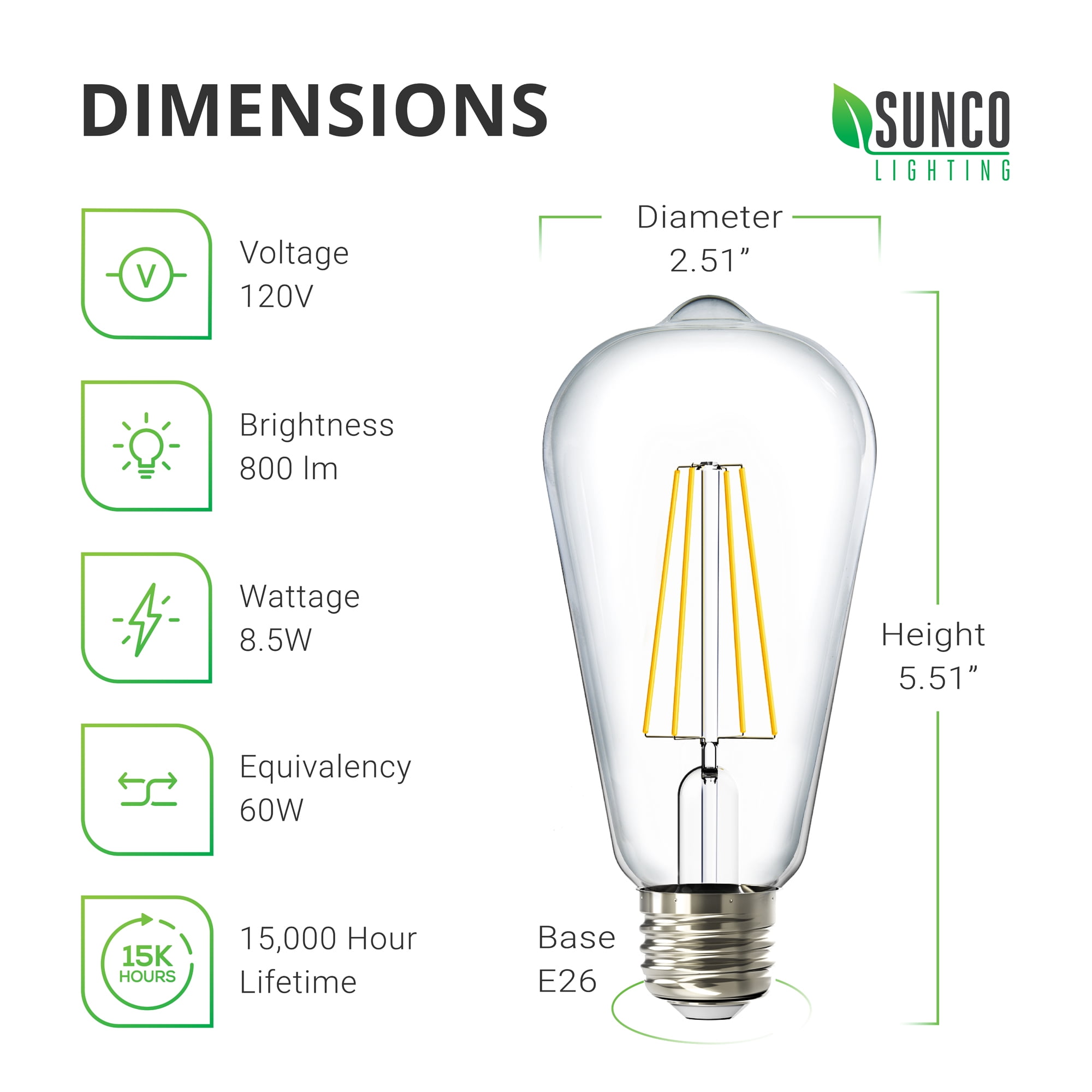 6 Pack Sunco Lighting LED Edison Bulb Vintage 60W Equivalent 8.5W Clear Glass UL 6000K Daylight Deluxe 800 LM Restaurant String Lights Dimmable ST64 Filament Waterproof E26 Base
