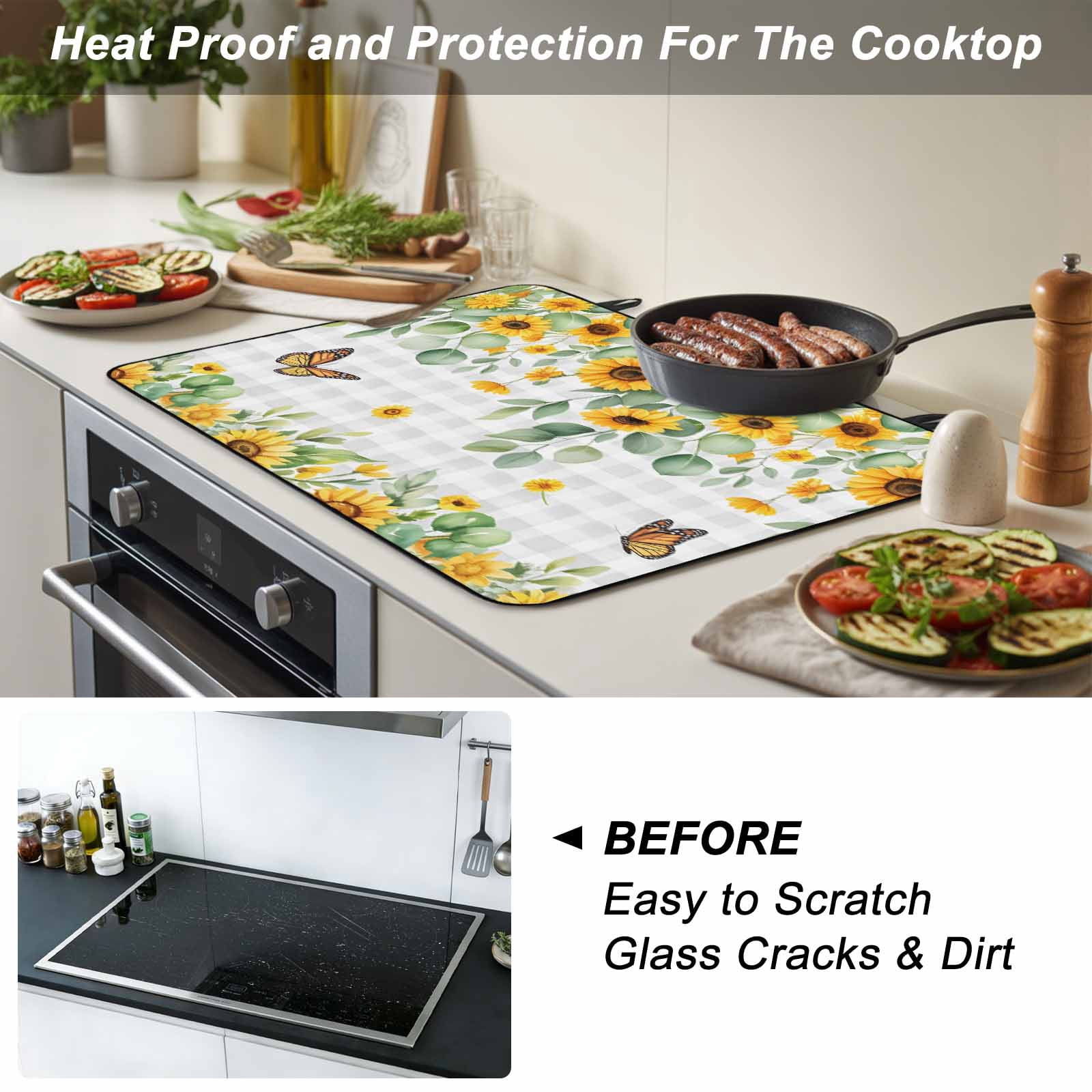 Spring Sunflowers Stove Top Cover for Electric Stove, Heat-proof & Non Slip Glass Top Stove Cover Protector, Eucalyptus Leaves Butterfly Flowers Plaid Kitchen Flat Cooktop Rubber Mat 24x21 Inches