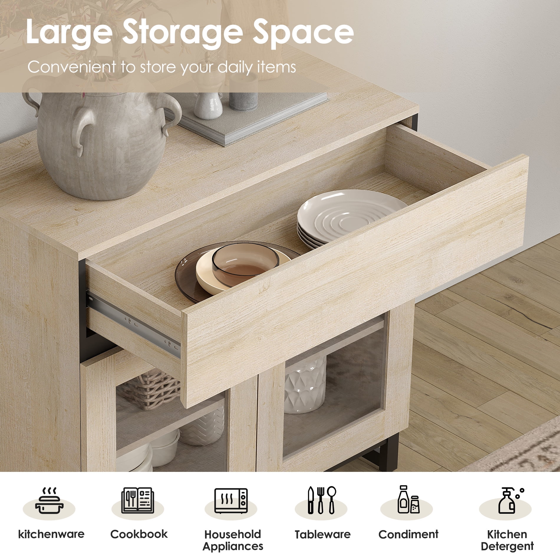 4 In 1 Sideboard Buffet Cabinets With Glass Doors And 2 Drawers, Modern Sideboard Credenza With Adjustable Shelf And Metal Base, Coffee Bar Cabinet Storage Cabinet,Beige