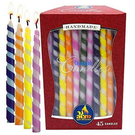 Ner Mitzvah, Multicolor Handmade Spiral Hanukkah Menorah Candles - Standard Size (45 Pack)