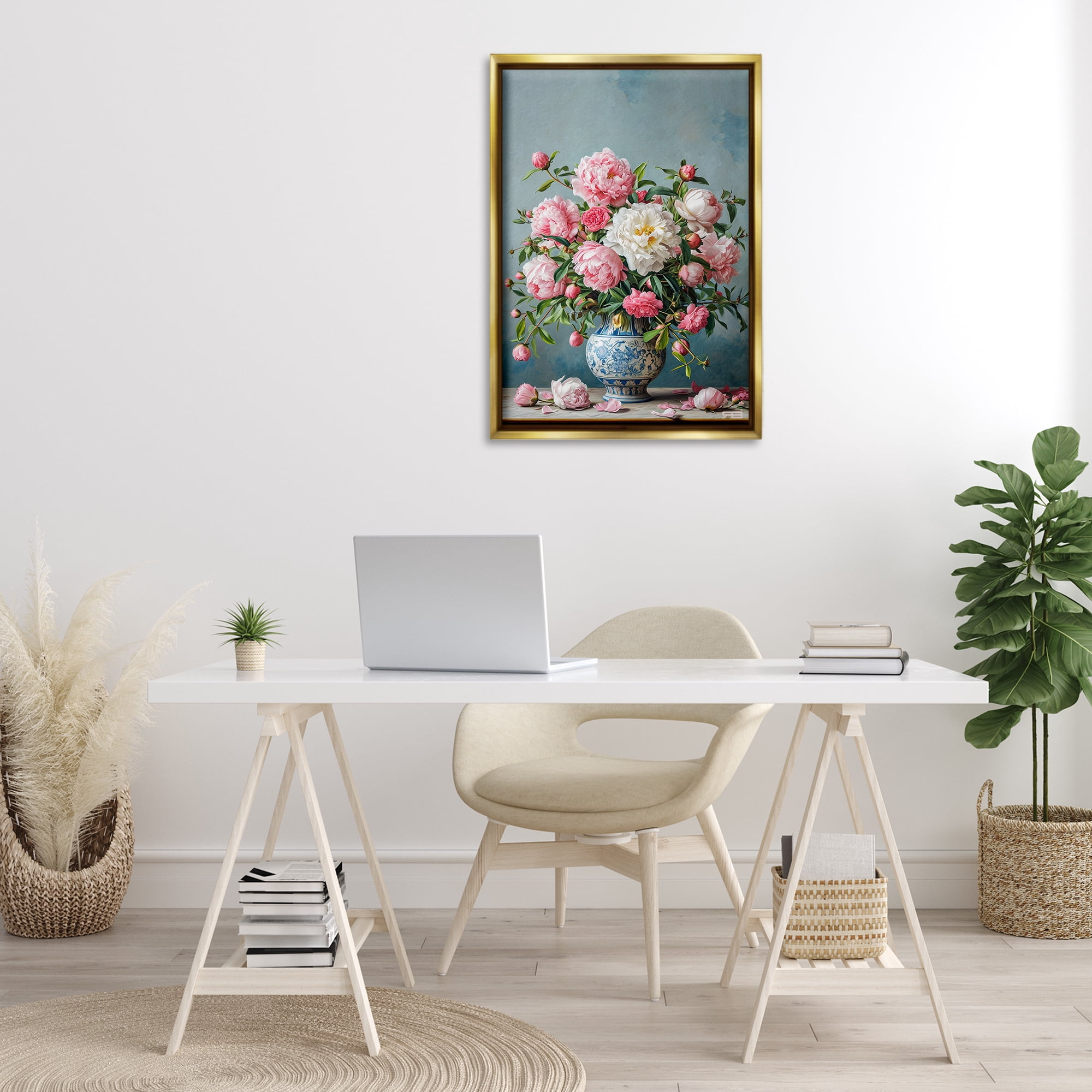 Stupell Industries Full Peonies Vase Botanical & Floral Painting Gold Floater Framed Art Print Wall Art, 21 x 31