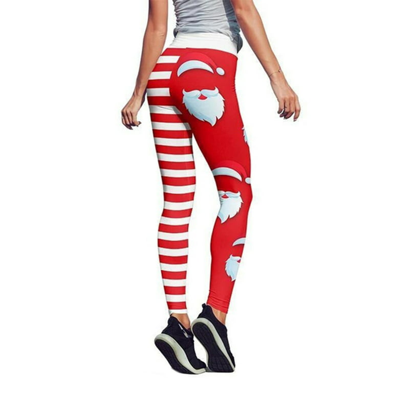Women Ugly Christmas Leggings High Waist Striped Santa Claus Print  Patchwork Tight Pants Holiday Outfits Xmas Trousers XS-XL