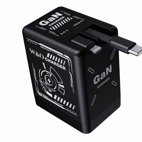 W&O 2-in-1 GaN  Compatible with 120W Fast Charger with Retractable Type-C and ligtning Cable | Portable Adapter for iPhone 16, iPad, MacBook,  Multi-Device Fast Charging, Folding Charing