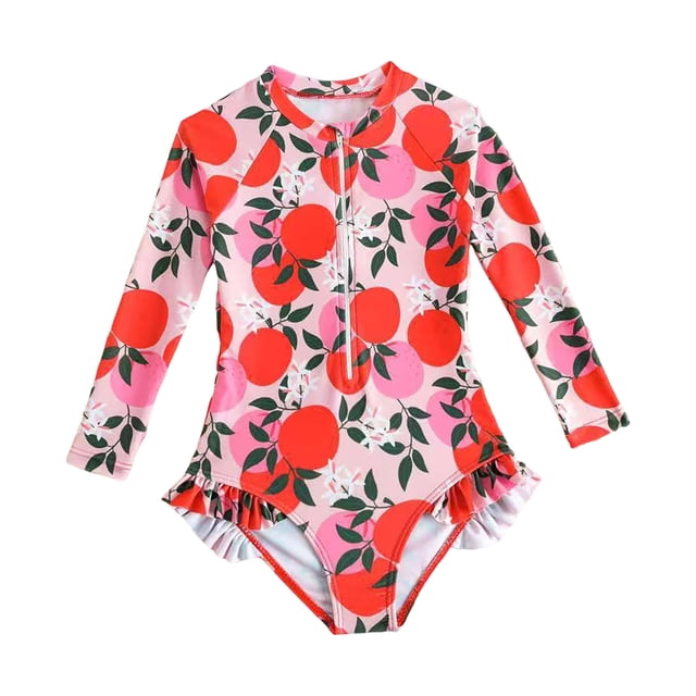 Baby Toddler Girl Long Sleeve Ruffle Swimsuit One Zipper Bathing Suit with UPF 50+ Sun Protection